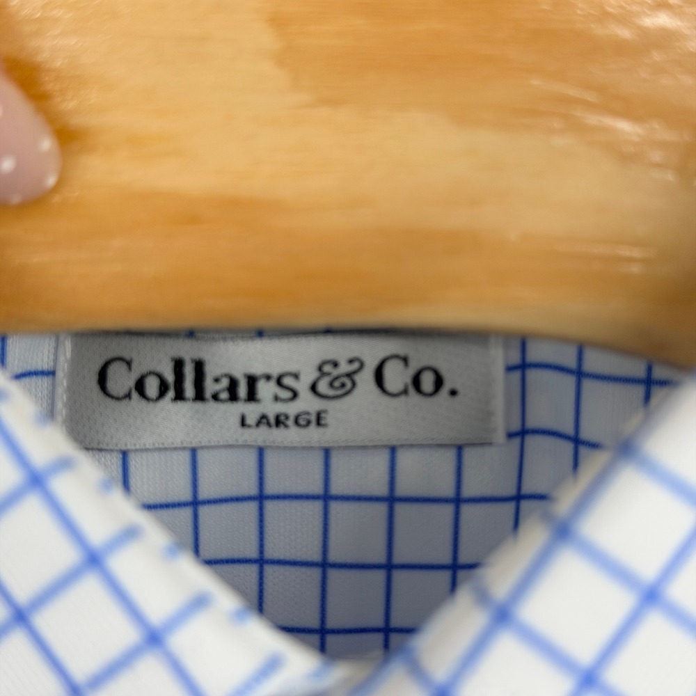 Collars & Co Semi Spread Polo Shirt Men's Large Thin Blue Check Performance NEW - Picture 6 of 9